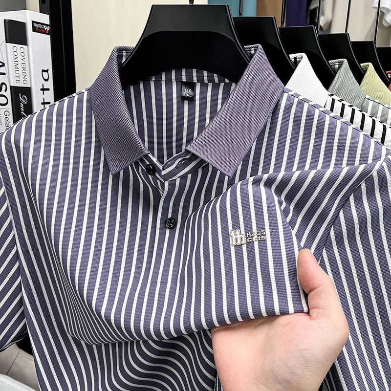 Short Sleeved T-shirt Men's Summer Striped Lapel Polo Shirt Cool Middle-aged Dad Outfit Top Versatile