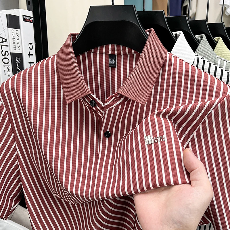 Short Sleeved T-shirt Men's Summer Striped Lapel Polo Shirt Cool Middle-aged Dad Outfit Top Versatile
