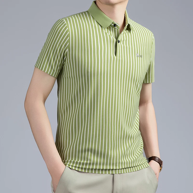 Short Sleeved T-shirt Men's Summer Striped Lapel Polo Shirt Cool Middle-aged Dad Outfit Top Versatile