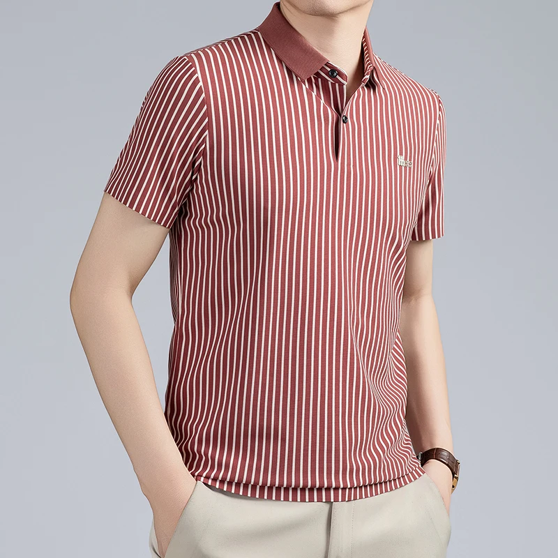 Short Sleeved T-shirt Men's Summer Striped Lapel Polo Shirt Cool Middle-aged Dad Outfit Top Versatile
