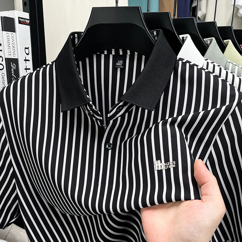 Short Sleeved T-shirt Men's Summer Striped Lapel Polo Shirt Cool Middle-aged Dad Outfit Top Versatile