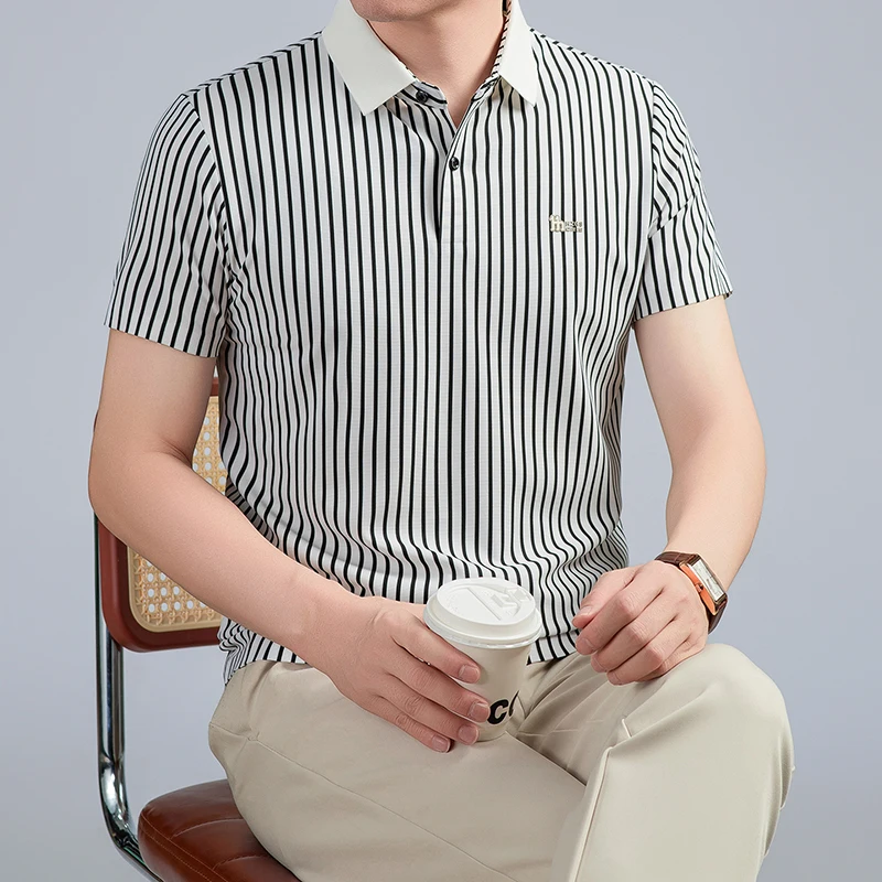 Short Sleeved T-shirt Men's Summer Striped Lapel Polo Shirt Cool Middle-aged Dad Outfit Top Versatile