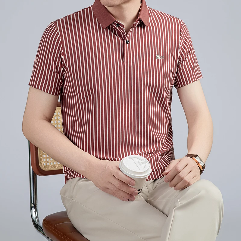 Short Sleeved T-shirt Men's Summer Striped Lapel Polo Shirt Cool Middle-aged Dad Outfit Top Versatile
