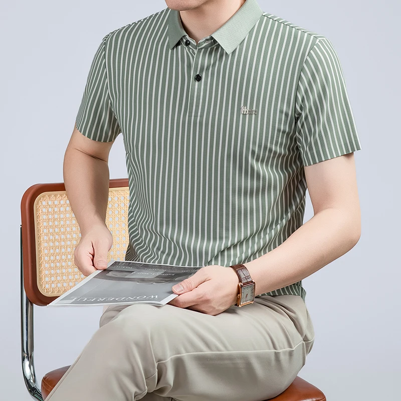Short Sleeved T-shirt Men's Summer Striped Lapel Polo Shirt Cool Middle-aged Dad Outfit Top Versatile