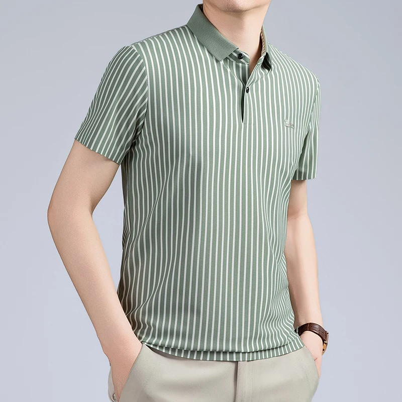 Short Sleeved T-shirt Men's Summer Striped Lapel Polo Shirt Cool Middle-aged Dad Outfit Top Versatile