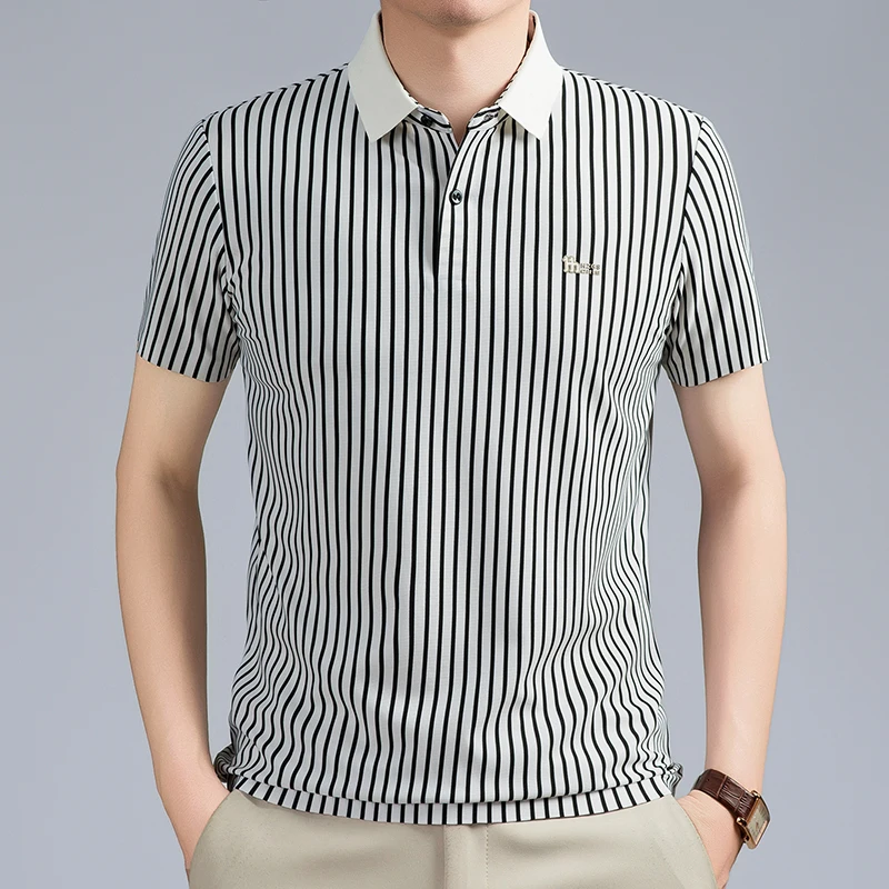 Short Sleeved T-shirt Men's Summer Striped Lapel Polo Shirt Cool Middle-aged Dad Outfit Top Versatile