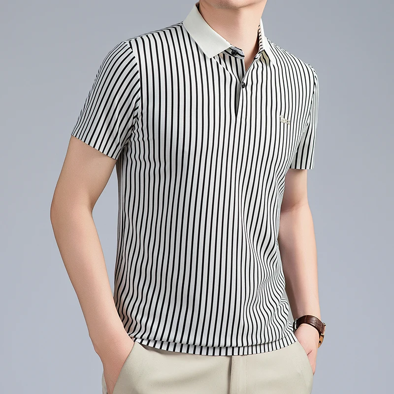 Short Sleeved T-shirt Men's Summer Striped Lapel Polo Shirt Cool Middle-aged Dad Outfit Top Versatile
