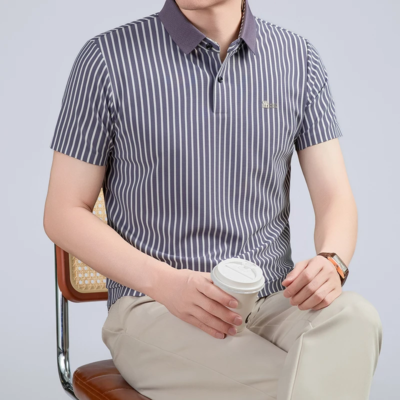 Short Sleeved T-shirt Men's Summer Striped Lapel Polo Shirt Cool Middle-aged Dad Outfit Top Versatile