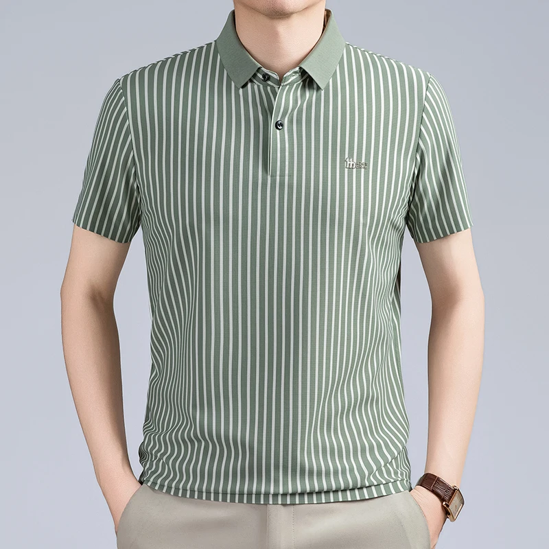 Short Sleeved T-shirt Men's Summer Striped Lapel Polo Shirt Cool Middle-aged Dad Outfit Top Versatile
