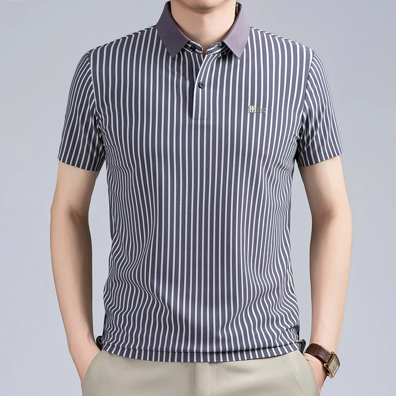 Short Sleeved T-shirt Men's Summer Striped Lapel Polo Shirt Cool Middle-aged Dad Outfit Top Versatile
