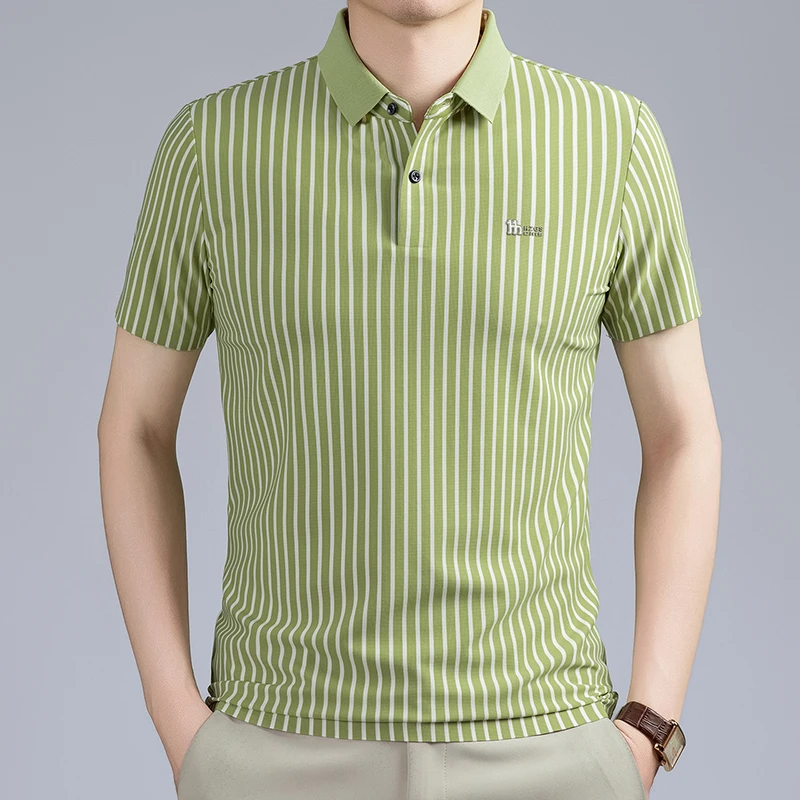 Short Sleeved T-shirt Men's Summer Striped Lapel Polo Shirt Cool Middle-aged Dad Outfit Top Versatile