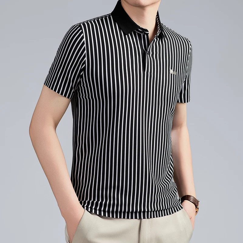 Short Sleeved T-shirt Men's Summer Striped Lapel Polo Shirt Cool Middle-aged Dad Outfit Top Versatile