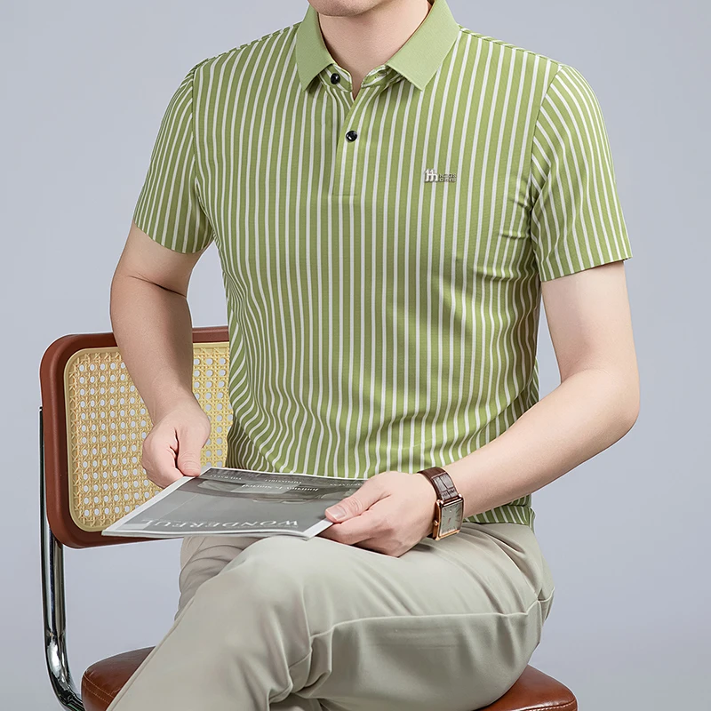 Short Sleeved T-shirt Men's Summer Striped Lapel Polo Shirt Cool Middle-aged Dad Outfit Top Versatile