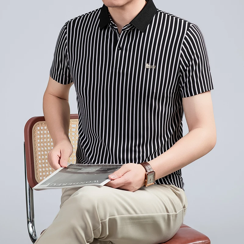 Short Sleeved T-shirt Men's Summer Striped Lapel Polo Shirt Cool Middle-aged Dad Outfit Top Versatile
