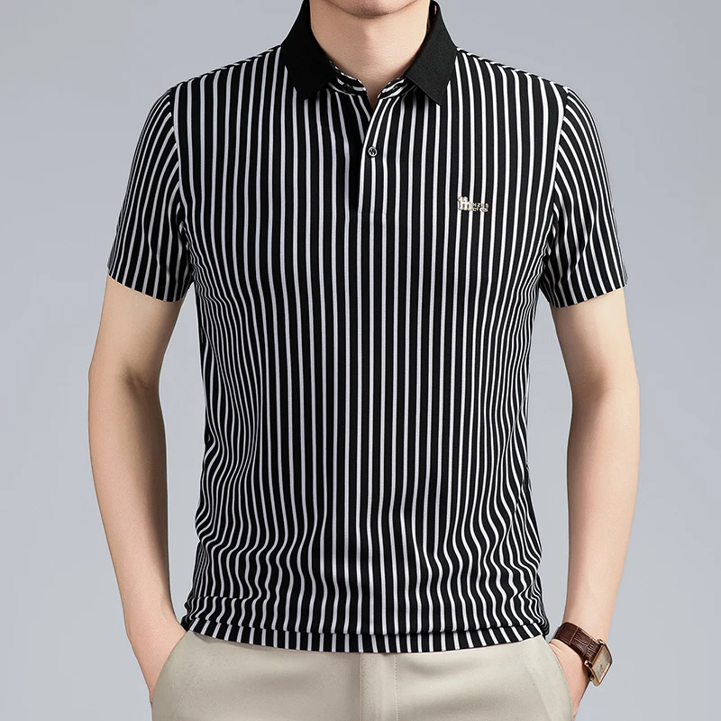 Short Sleeved T-shirt Men's Summer Striped Lapel Polo Shirt Cool Middle-aged Dad Outfit Top Versatile