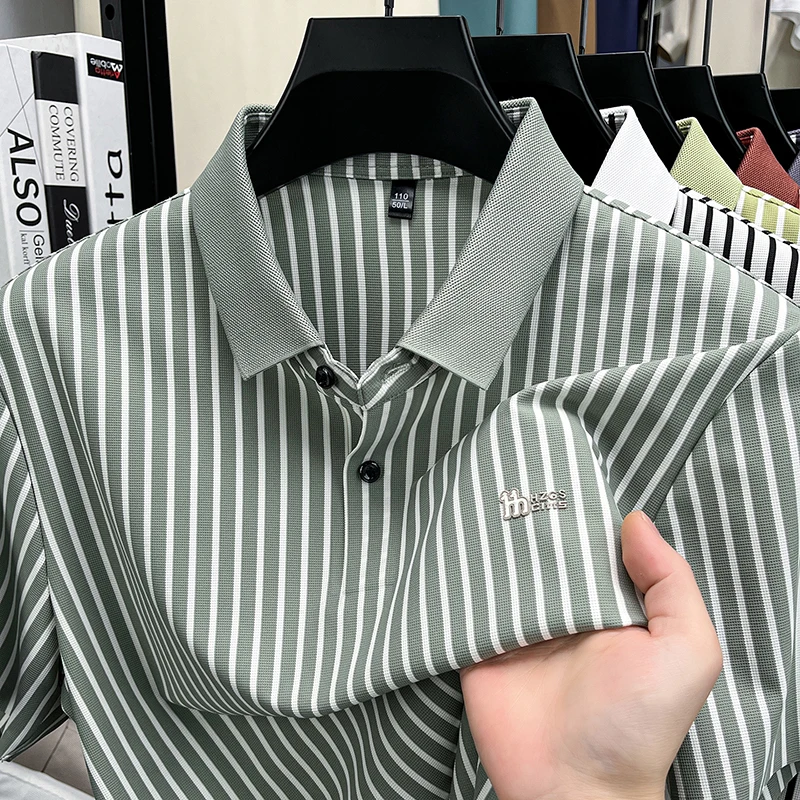 Short Sleeved T-shirt Men's Summer Striped Lapel Polo Shirt Cool Middle-aged Dad Outfit Top Versatile