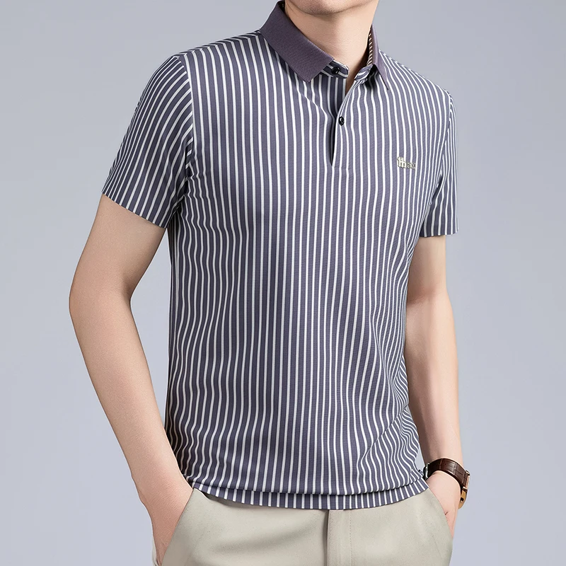 Short Sleeved T-shirt Men's Summer Striped Lapel Polo Shirt Cool Middle-aged Dad Outfit Top Versatile