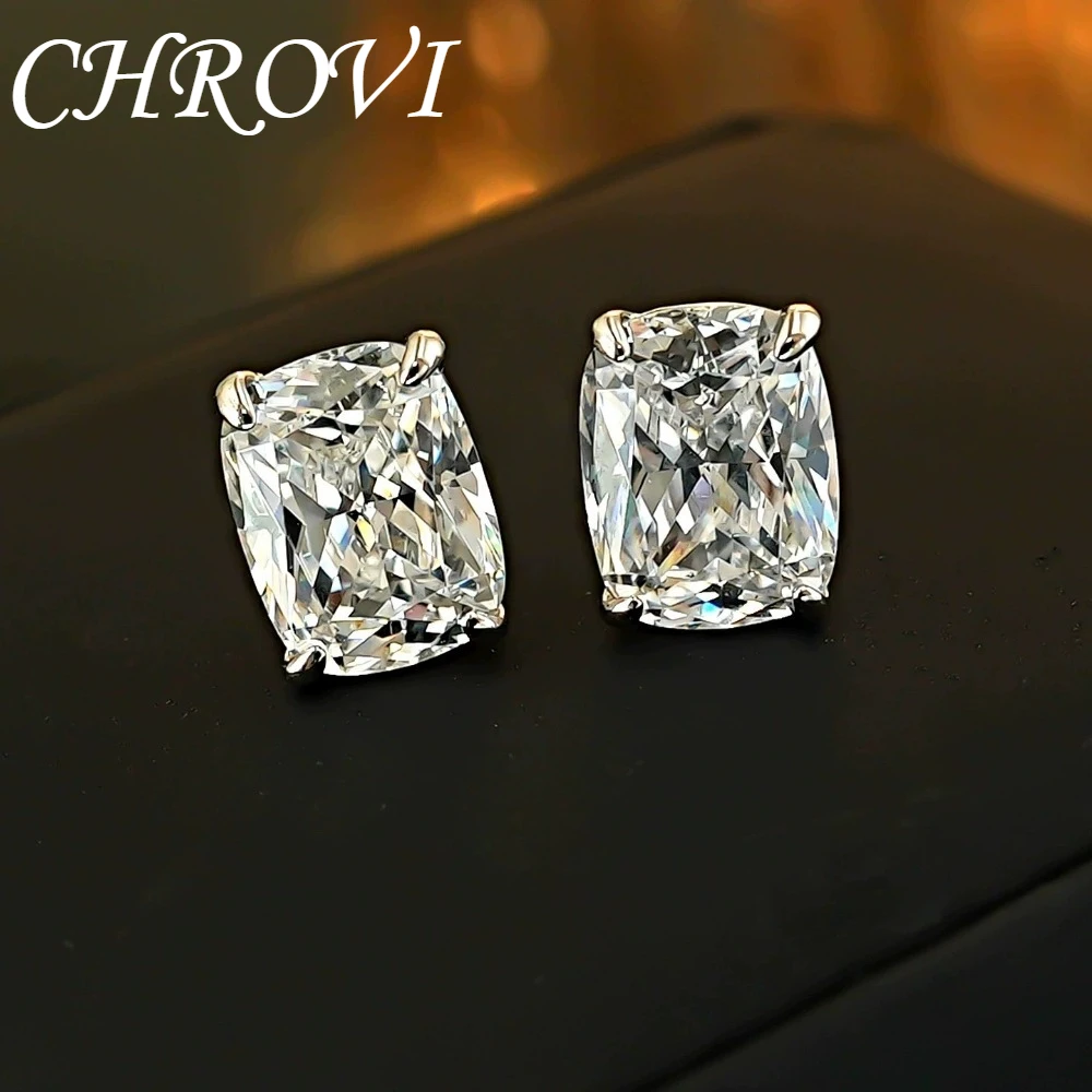 Exquisite 925 Sterling Silver Ice Flower Long Pillow-Shaped White Zircon Stud Earrings Simple Single Diamond Gold Earrings