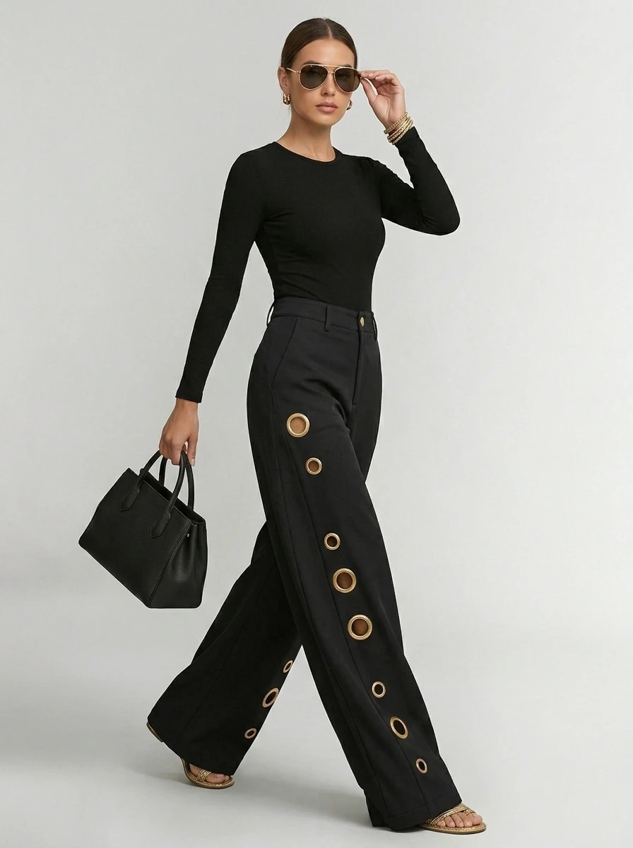 Bonboho Women's Solid Color Eyelet High Waist Wide Leg Pants 2026 Casual Streetwear Straight Leg Trousers Daily Wear Bottoms