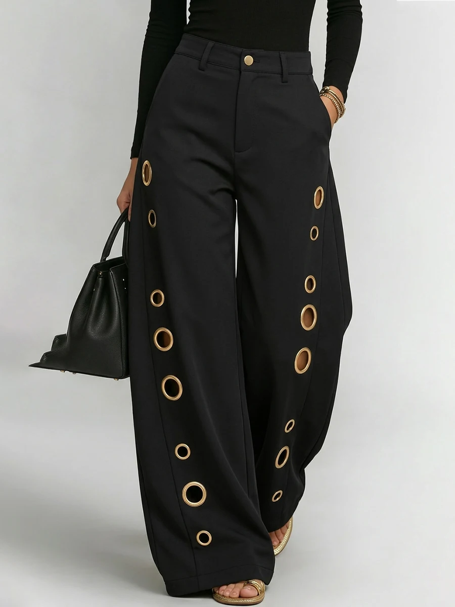 Bonboho Women's Solid Color Eyelet High Waist Wide Leg Pants 2026 Casual Streetwear Straight Leg Trousers Daily Wear Bottoms