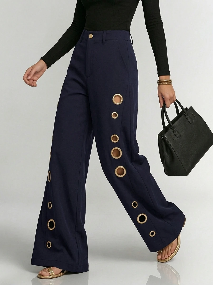 Bonboho Women's Solid Color Eyelet High Waist Wide Leg Pants 2026 Casual Streetwear Straight Leg Trousers Daily Wear Bottoms