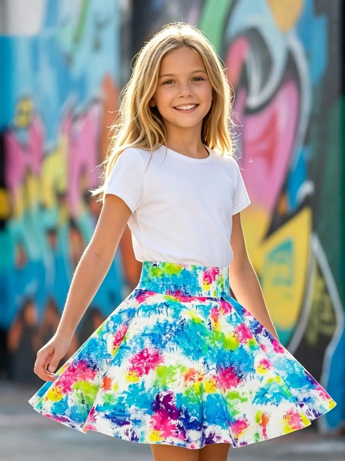 Girls Summer 7-14Y High Waisted Colorful Tie-Dye Print Skort with Built-in Shorts for Daily Tennis School Outdoor Casual Trendy