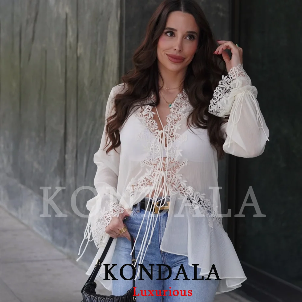 KONDALA Sexy Chiffon Transparent Women Blouses Bow Tie Patchwork Loose Ruffles Shirts Fashion 2026 Summer Beach Holiday Outwear
