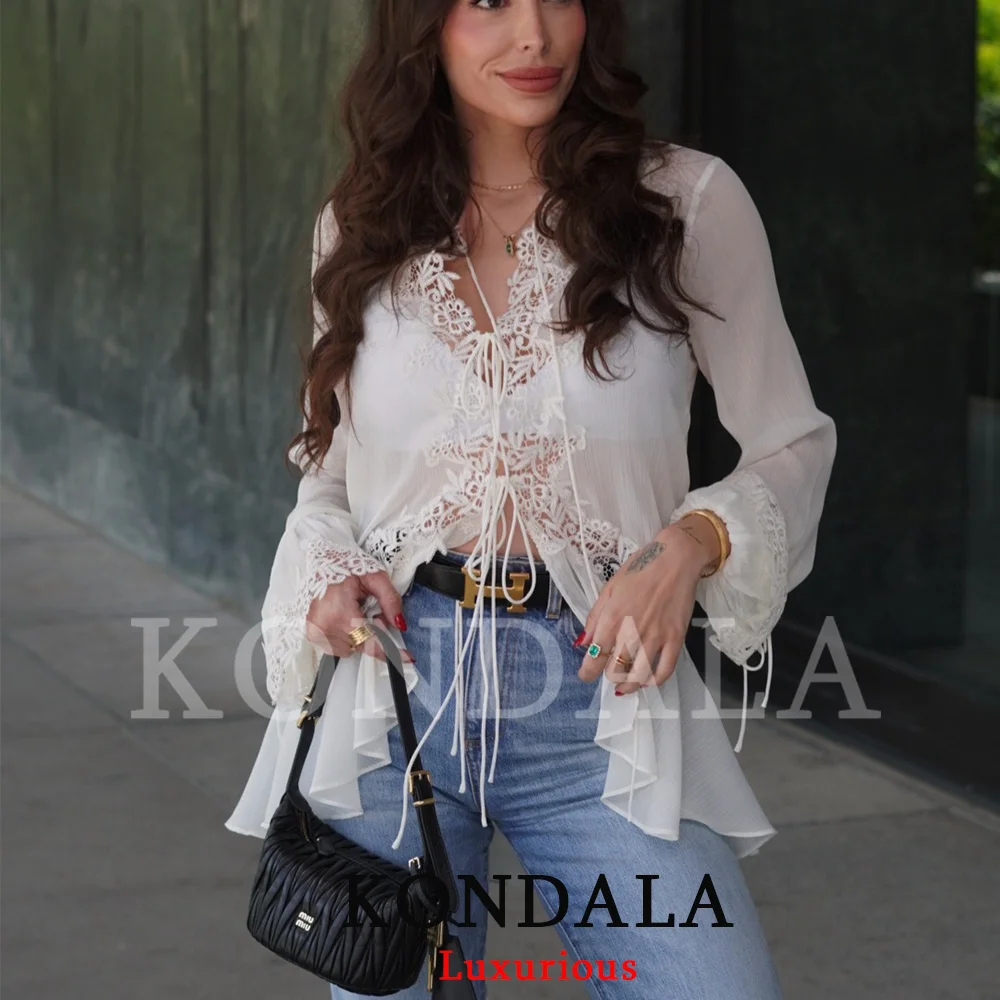 KONDALA Sexy Chiffon Transparent Women Blouses Bow Tie Patchwork Loose Ruffles Shirts Fashion 2026 Summer Beach Holiday Outwear