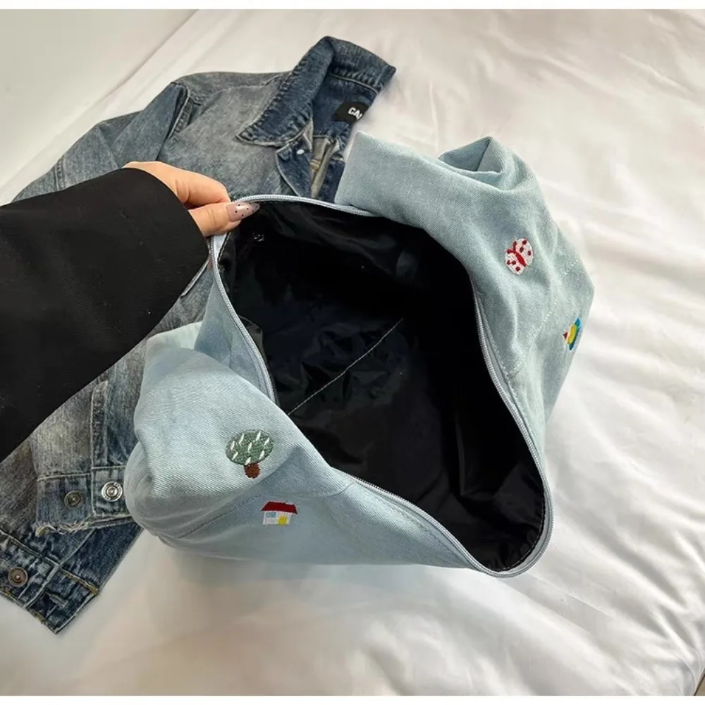 Zipper Closure Shoulder Bag Korean Style Embroidered Design Denim Tote Bag Sweet Style Cute Design Large-capacity Bag Casual Use