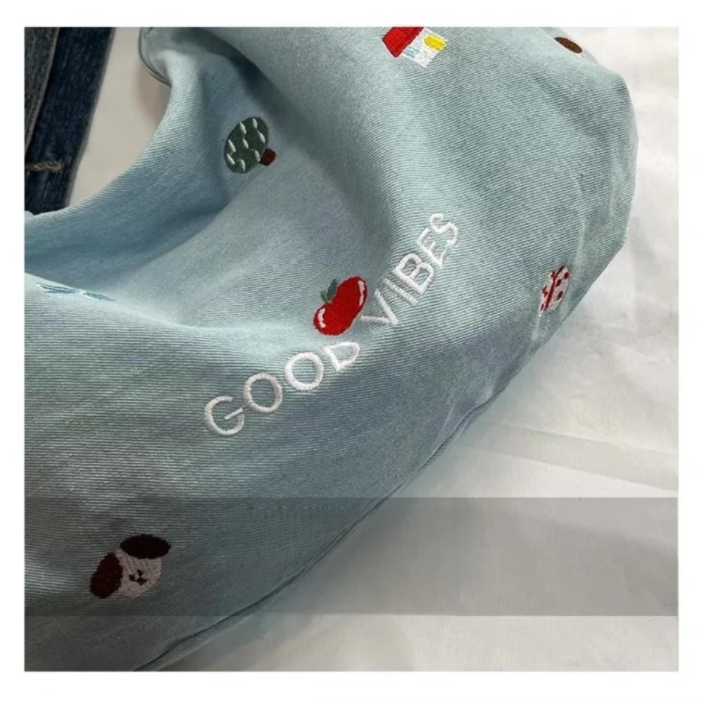 Zipper Closure Shoulder Bag Korean Style Embroidered Design Denim Tote Bag Sweet Style Cute Design Large-capacity Bag Casual Use