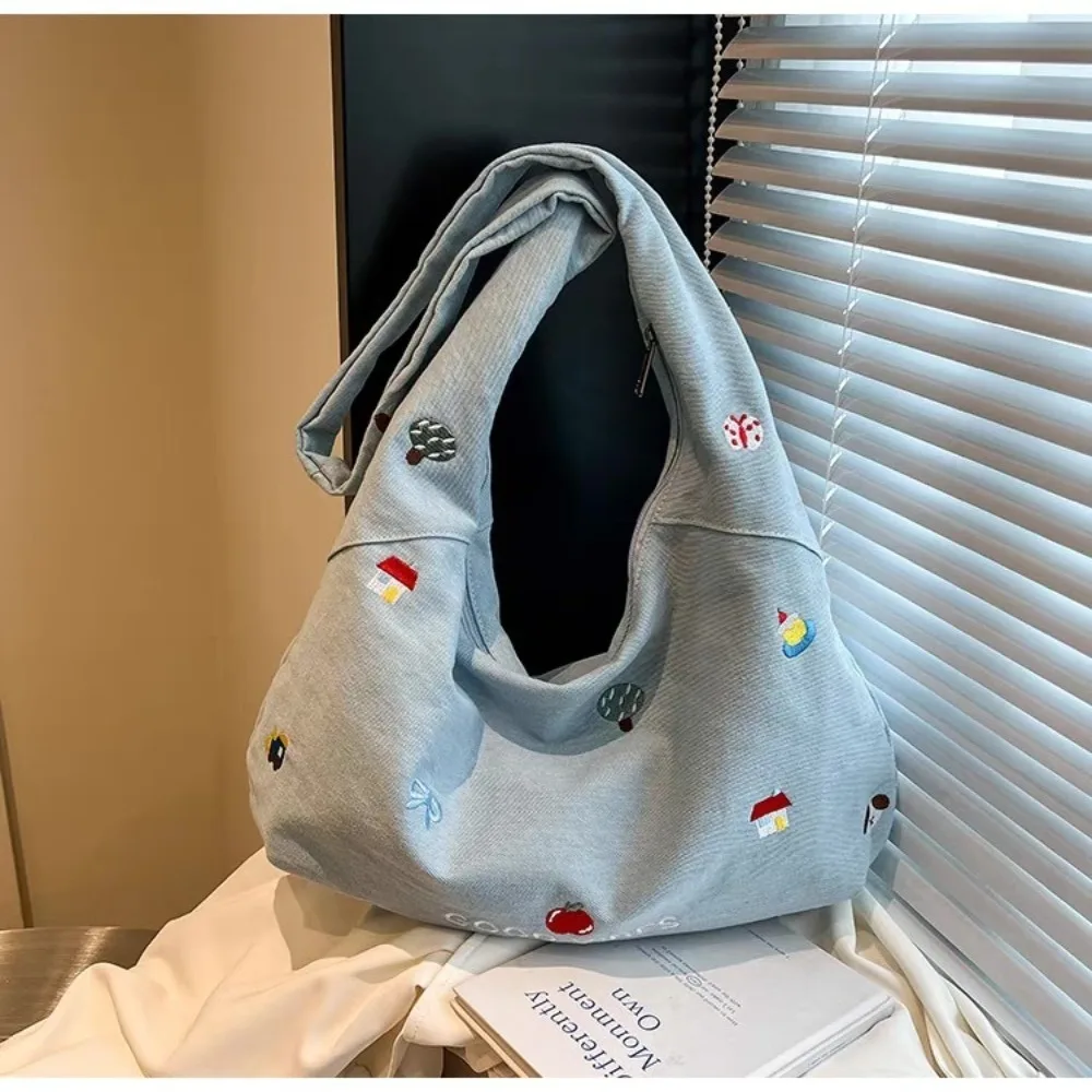 Zipper Closure Shoulder Bag Korean Style Embroidered Design Denim Tote Bag Sweet Style Cute Design Large-capacity Bag Casual Use