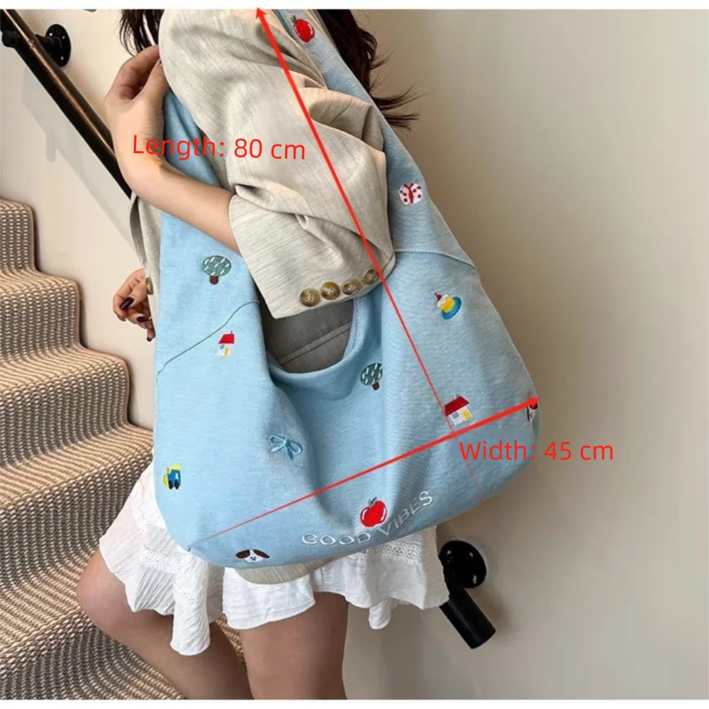 Zipper Closure Shoulder Bag Korean Style Embroidered Design Denim Tote Bag Sweet Style Cute Design Large-capacity Bag Casual Use