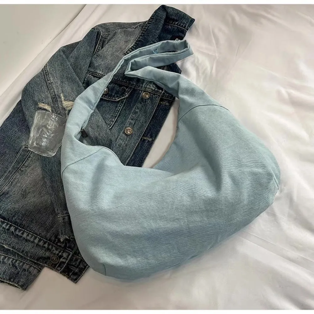 Zipper Closure Shoulder Bag Korean Style Embroidered Design Denim Tote Bag Sweet Style Cute Design Large-capacity Bag Casual Use