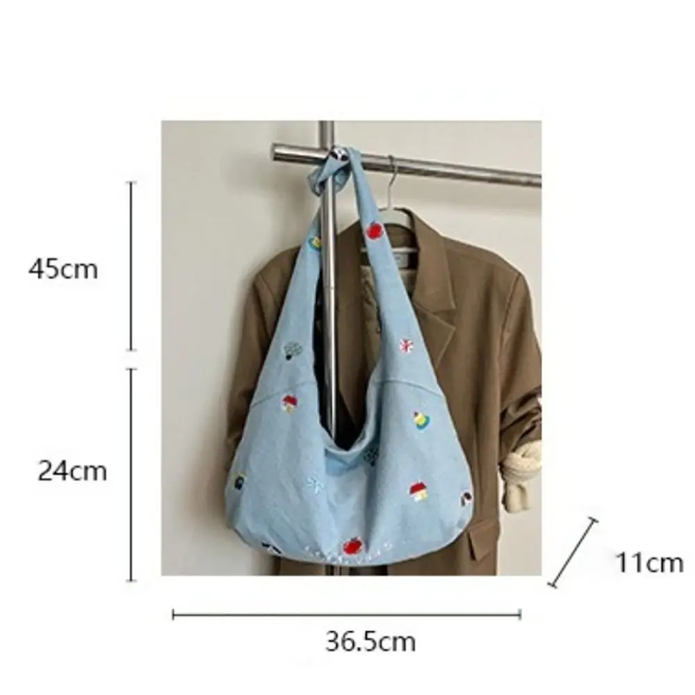 Zipper Closure Shoulder Bag Korean Style Embroidered Design Denim Tote Bag Sweet Style Cute Design Large-capacity Bag Casual Use