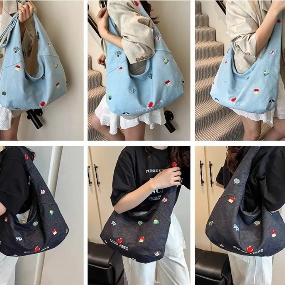 Zipper Closure Shoulder Bag Korean Style Embroidered Design Denim Tote Bag Sweet Style Cute Design Large-capacity Bag Casual Use