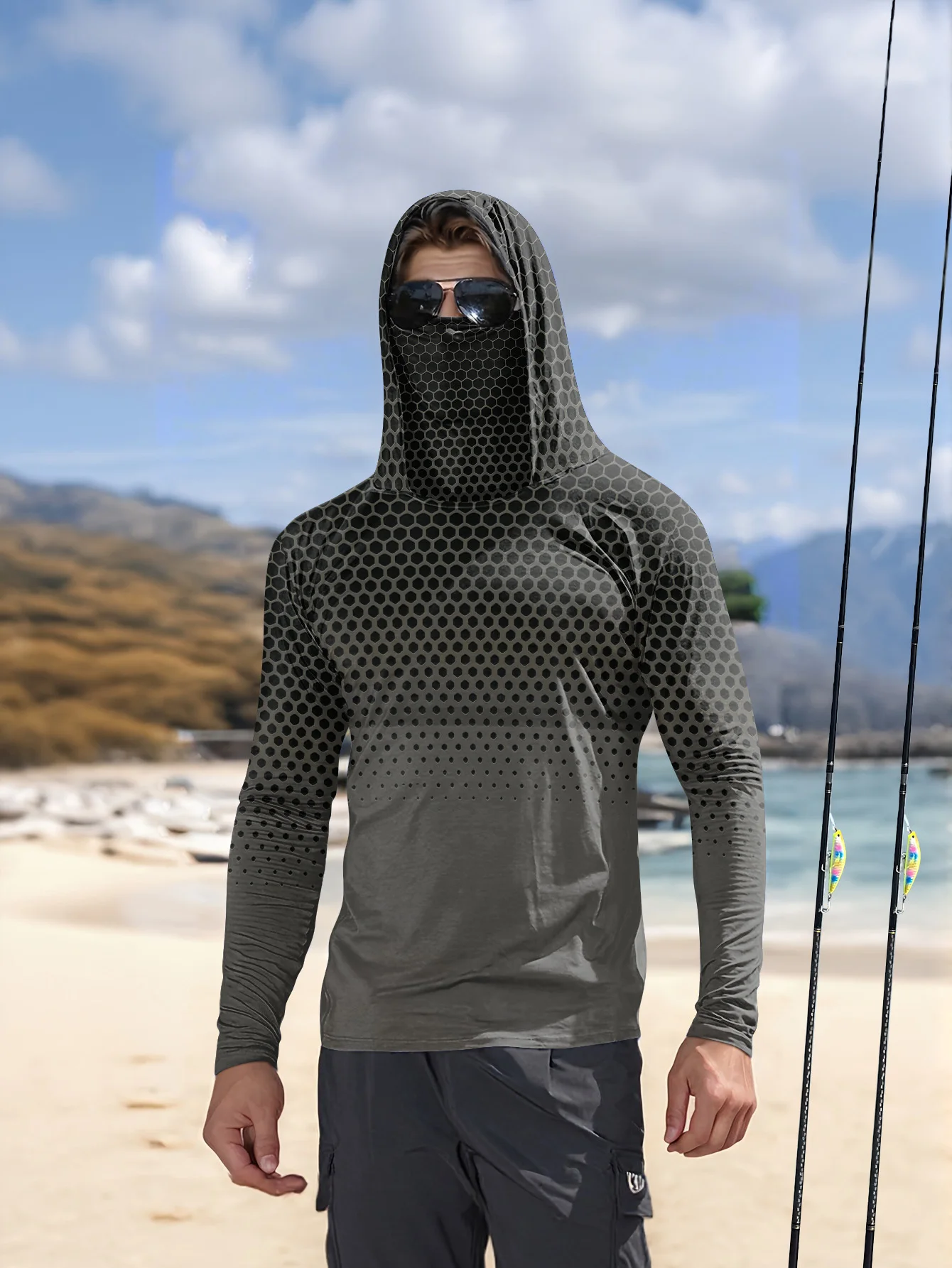 Men Hood Fishing Shirt Long Sleeve Fishing Clothing Fishing T Shirt UV Protection Fishing Shirt Fishing Apparel Quick Dry