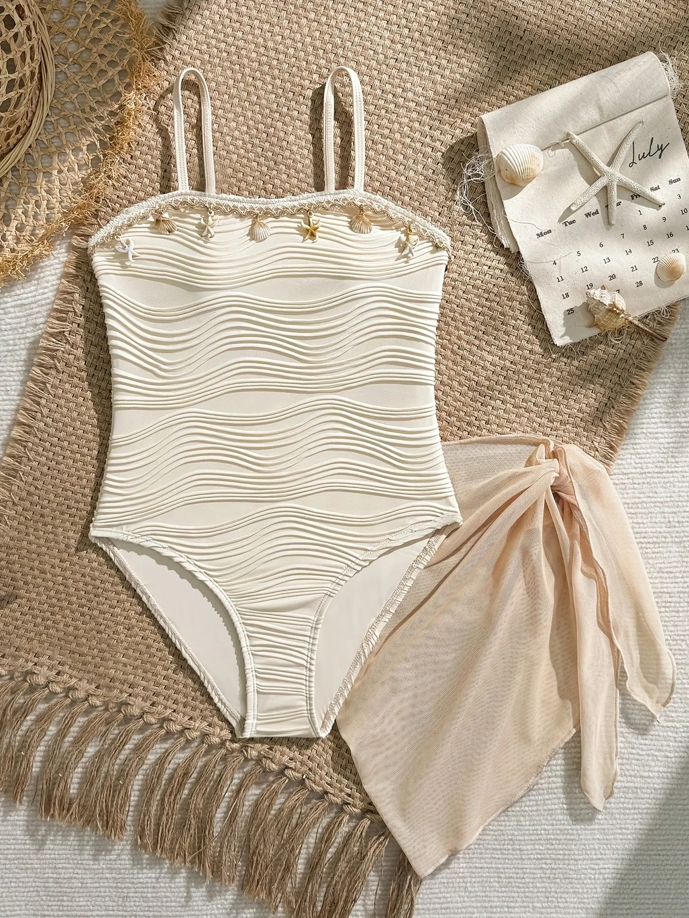 Trendy Girls 2Pcs Beach Swimsuit, Beige Shell Decor One-Piece + Sheer Mesh Sarong Cover up Set