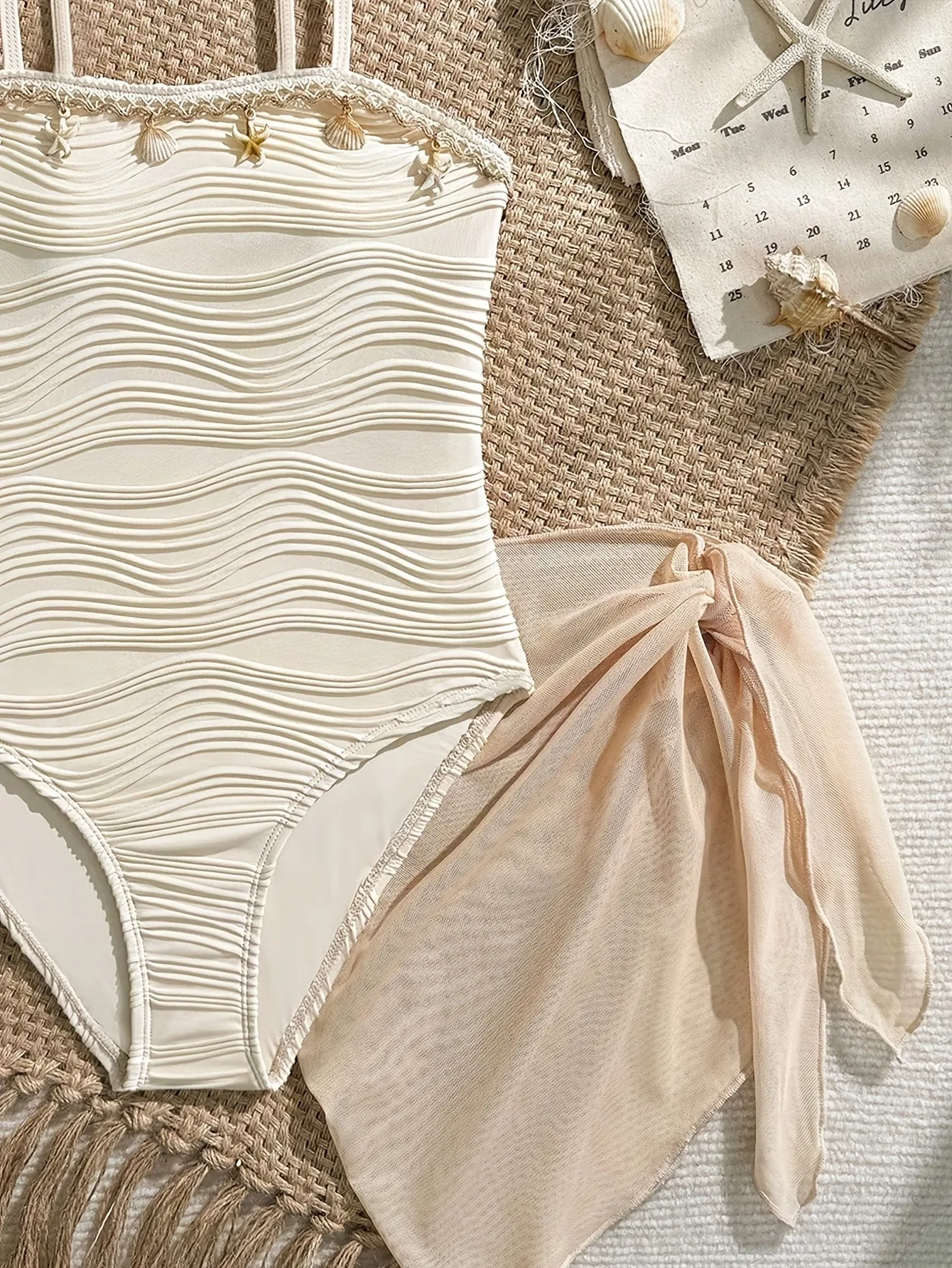 Trendy Girls 2Pcs Beach Swimsuit, Beige Shell Decor One-Piece + Sheer Mesh Sarong Cover up Set