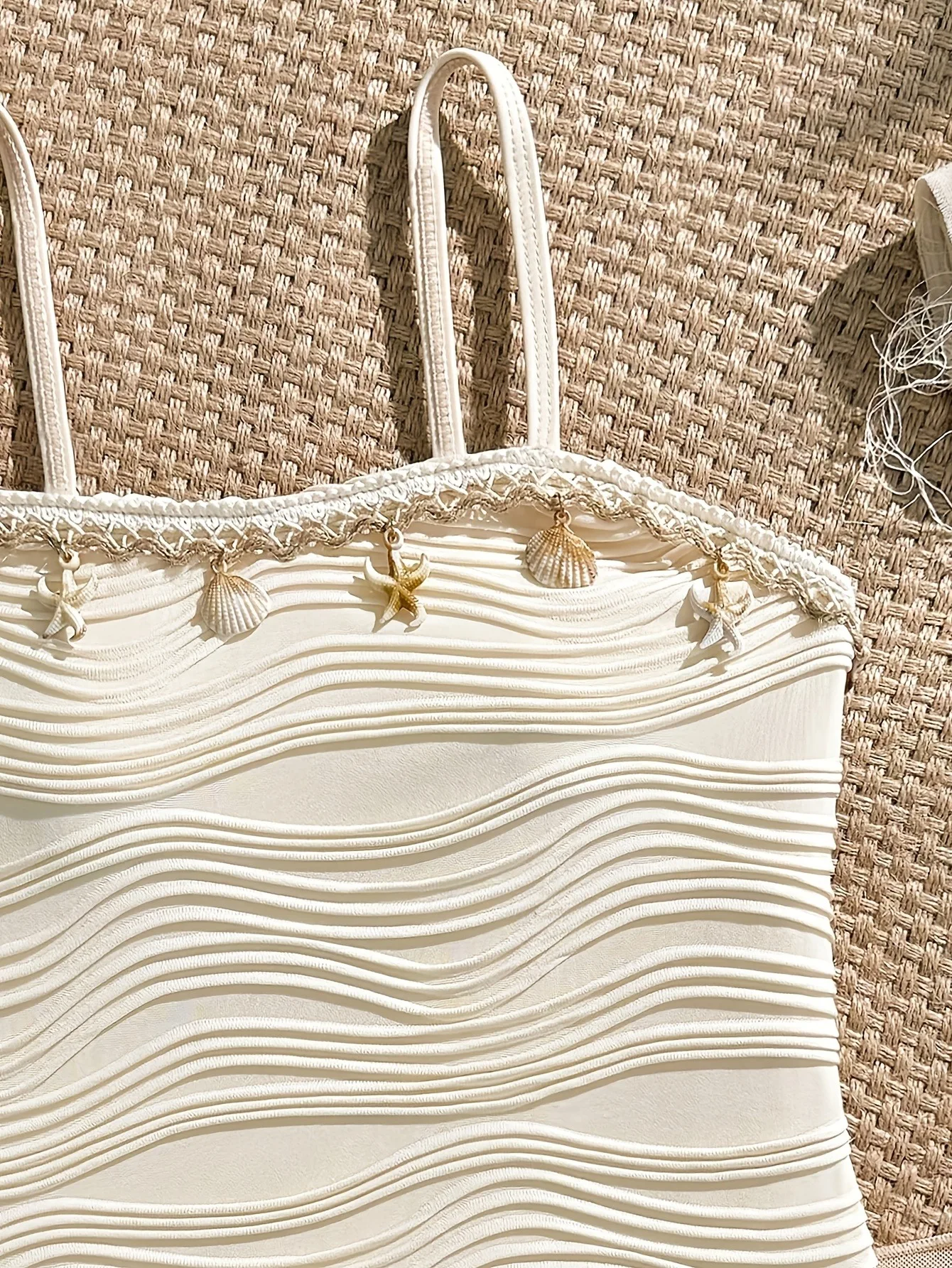 Trendy Girls 2Pcs Beach Swimsuit, Beige Shell Decor One-Piece + Sheer Mesh Sarong Cover up Set