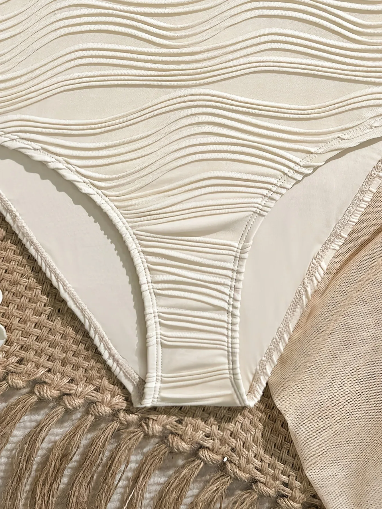 Trendy Girls 2Pcs Beach Swimsuit, Beige Shell Decor One-Piece + Sheer Mesh Sarong Cover up Set