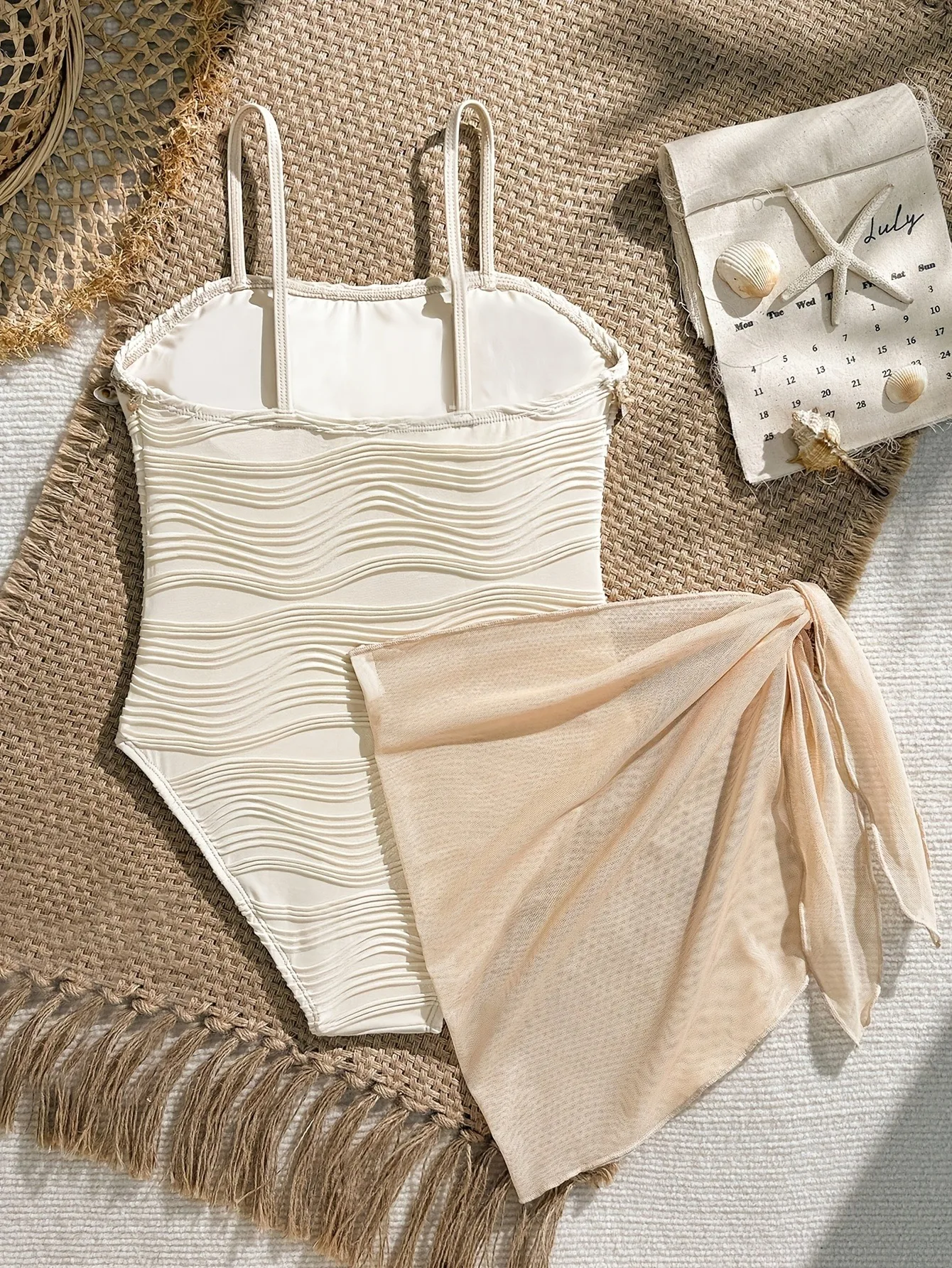 Trendy Girls 2Pcs Beach Swimsuit, Beige Shell Decor One-Piece + Sheer Mesh Sarong Cover up Set