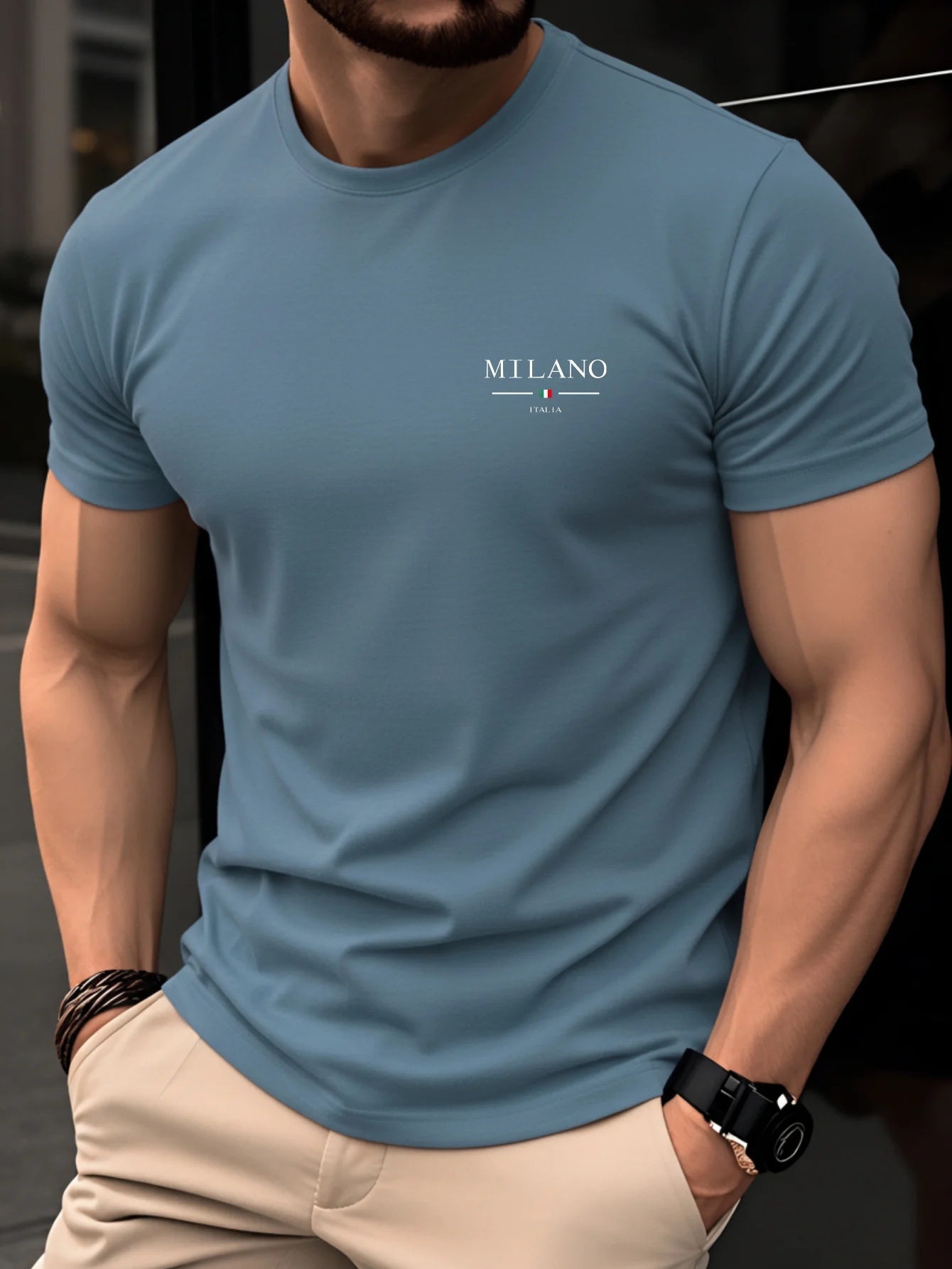 Men's Summer 100% Cotton Casual Fashion MILANO ITALIA Pattern Printed Loose Breathable Round Neck Short Sleeve T-shirt