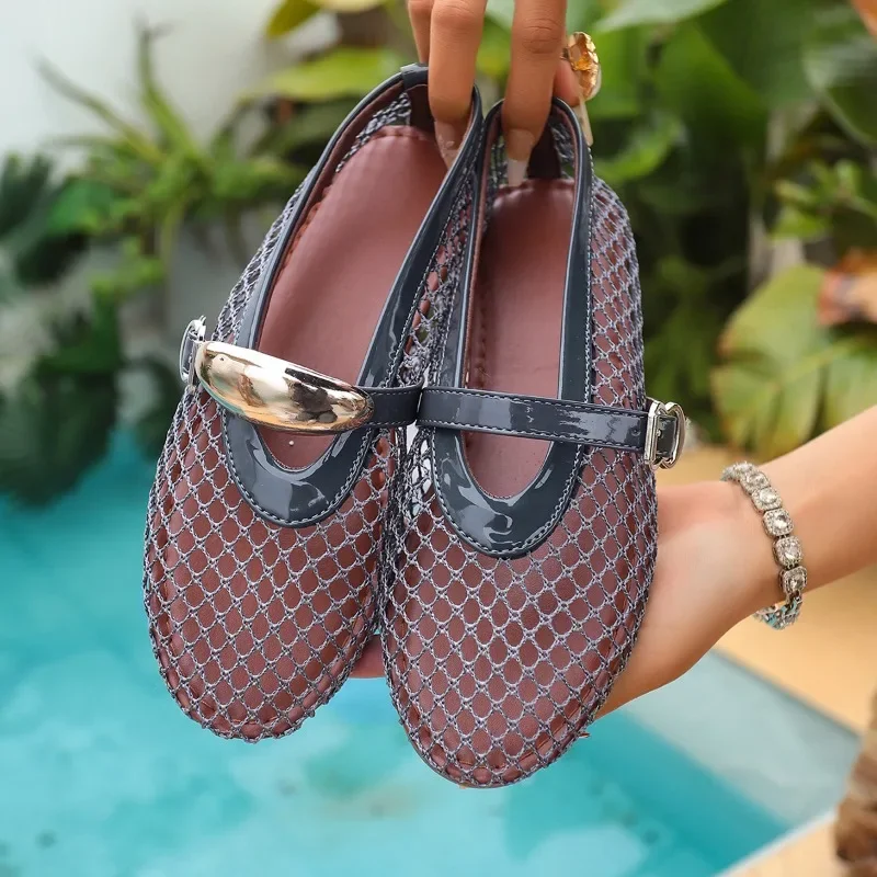 In Summer, Wear Round Toe, Straight Buckles, Casual and Comfortable, Women's Flats, Cut-out Mary Jane Single Shoes,fishnet Shoes