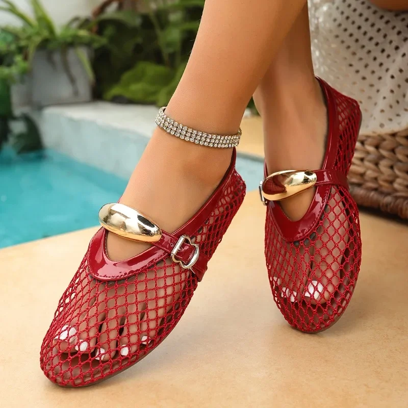In Summer, Wear Round Toe, Straight Buckles, Casual and Comfortable, Women's Flats, Cut-out Mary Jane Single Shoes,fishnet Shoes
