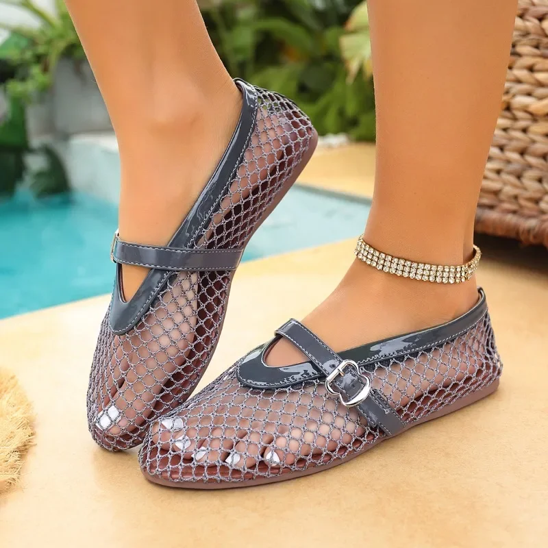 In Summer, Wear Round Toe, Straight Buckles, Casual and Comfortable, Women's Flats, Cut-out Mary Jane Single Shoes,fishnet Shoes