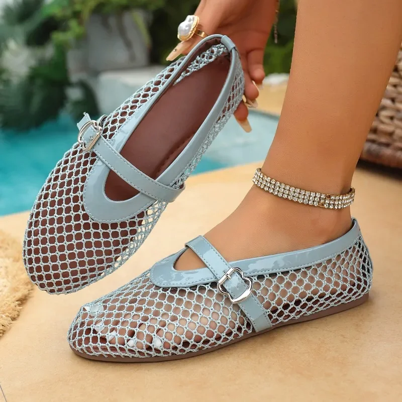 In Summer, Wear Round Toe, Straight Buckles, Casual and Comfortable, Women's Flats, Cut-out Mary Jane Single Shoes,fishnet Shoes