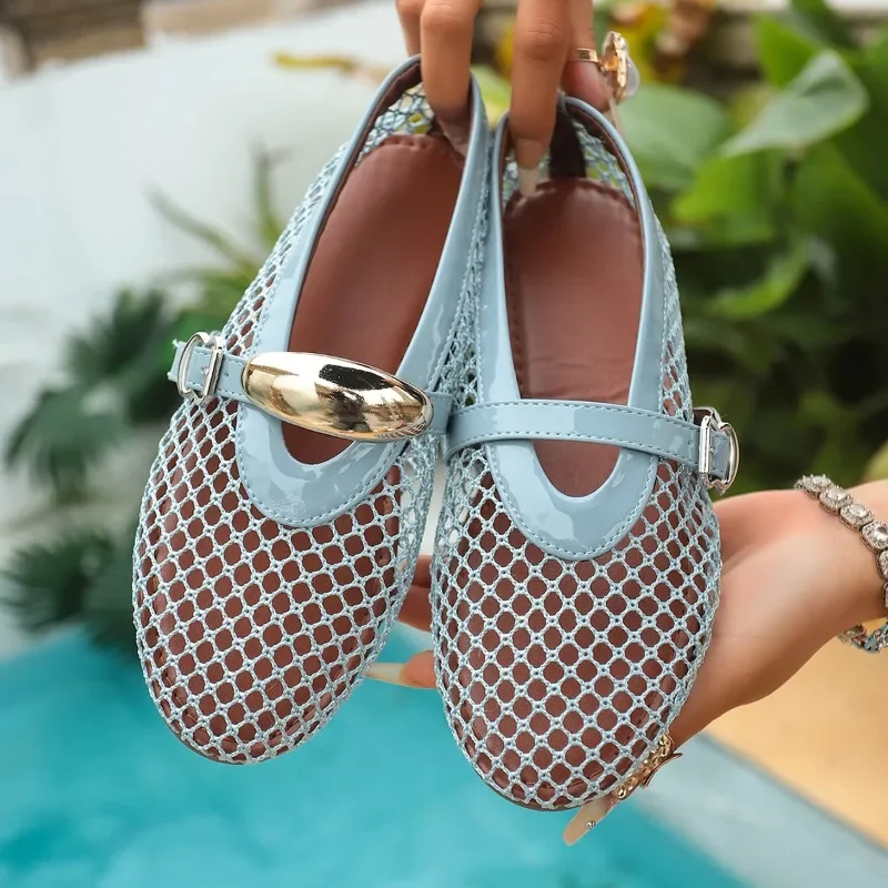 In Summer, Wear Round Toe, Straight Buckles, Casual and Comfortable, Women's Flats, Cut-out Mary Jane Single Shoes,fishnet Shoes