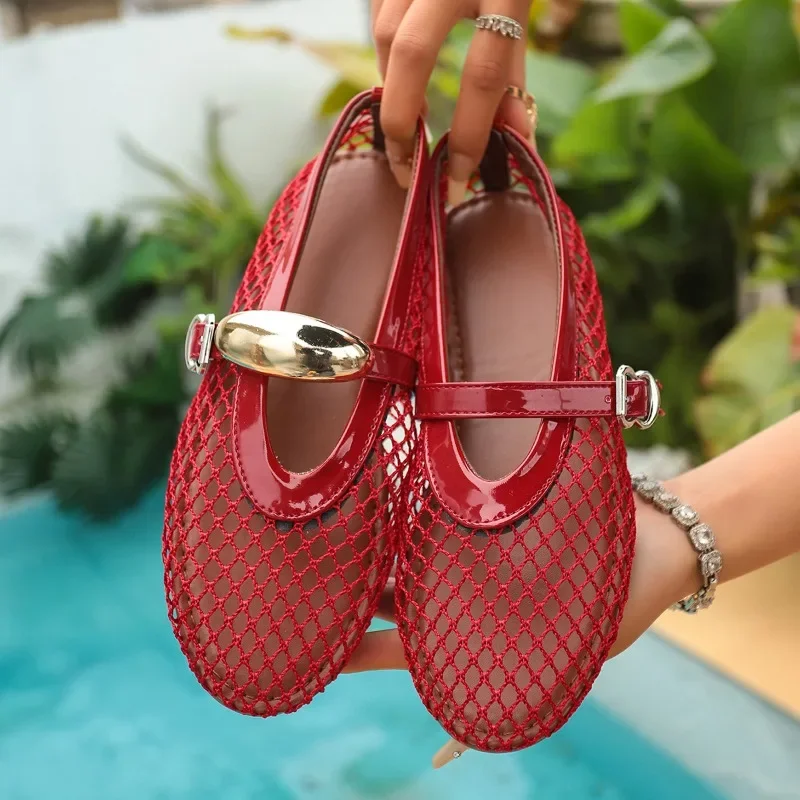 In Summer, Wear Round Toe, Straight Buckles, Casual and Comfortable, Women's Flats, Cut-out Mary Jane Single Shoes,fishnet Shoes