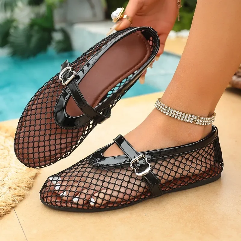 In Summer, Wear Round Toe, Straight Buckles, Casual and Comfortable, Women's Flats, Cut-out Mary Jane Single Shoes,fishnet Shoes
