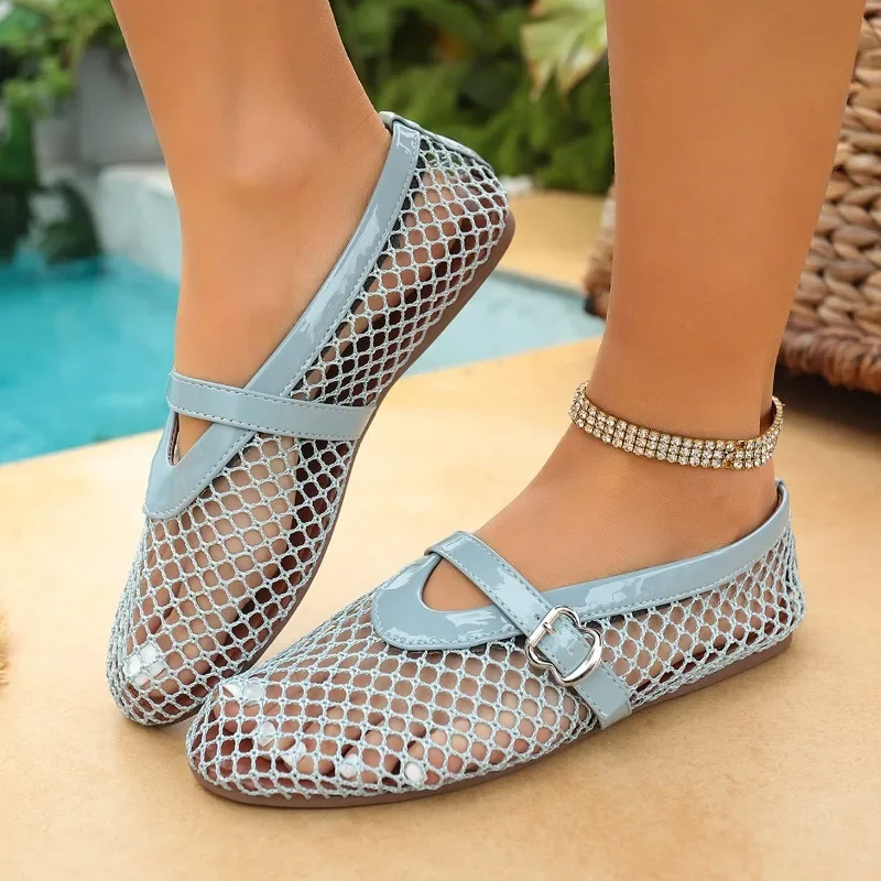 In Summer, Wear Round Toe, Straight Buckles, Casual and Comfortable, Women's Flats, Cut-out Mary Jane Single Shoes,fishnet Shoes